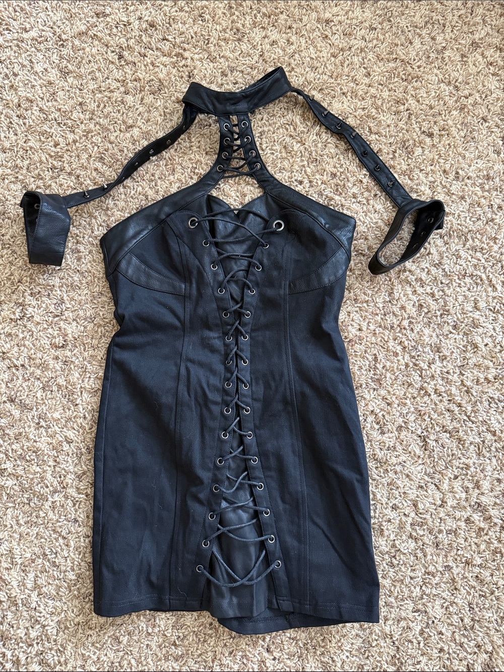 Black Lace-Up Halter Mini Dress with Choker Detail and Studded Arm Cuffs